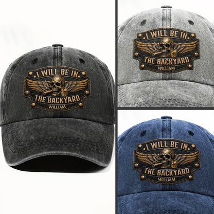 I Will Be In The Backyard Skull Wings Cigar Whiskey - Personalized Custom Washed Denim Cap - HIM039_WDCAP