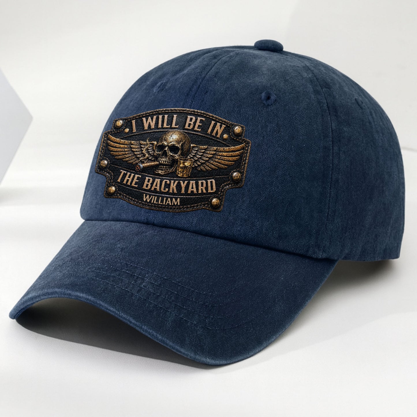 I Will Be In The Backyard Skull Wings Cigar Whiskey - Personalized Custom Washed Denim Cap - HIM039_WDCAP