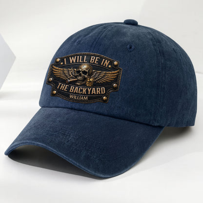 I Will Be In The Backyard Skull Wings Cigar Whiskey - Personalized Custom Washed Denim Cap - HIM039_WDCAP