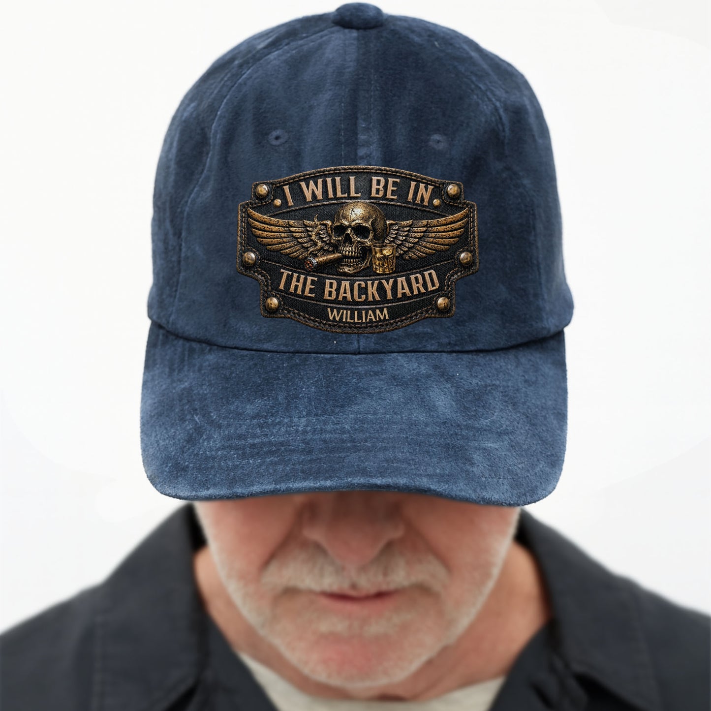 I Will Be In The Backyard Skull Wings Cigar Whiskey - Personalized Custom Washed Denim Cap - HIM039_WDCAP