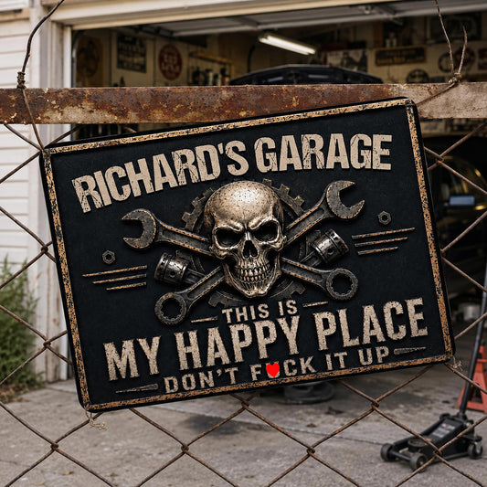 My Garage This Is My Happy Place Skull and Wrenches - Personalized Metal Sign - HIM089_MSIGN