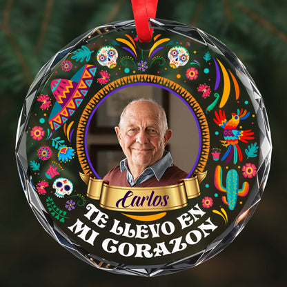 Te Llevo En Mi Corazon Glass Ornament With Vibrant Mexican Patterns