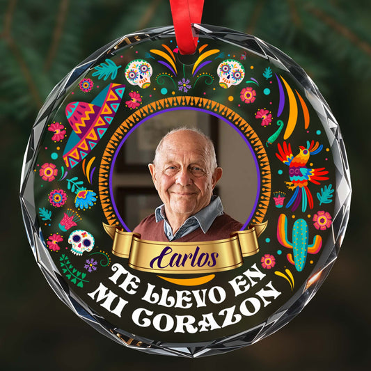 Te Llevo En Mi Corazon Glass Ornament With Vibrant Mexican Patterns