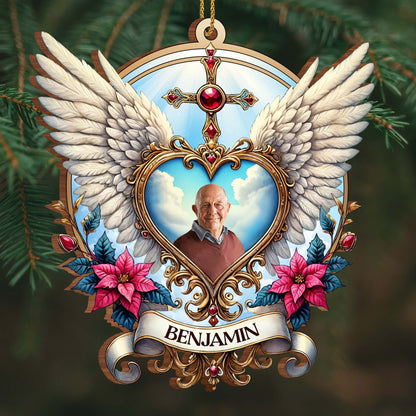 Cherished Memories Forever In Our Hearts With Wings And Flowers - Personalized Custom Wood Ornament, Custom Shaped - HME118_WDO