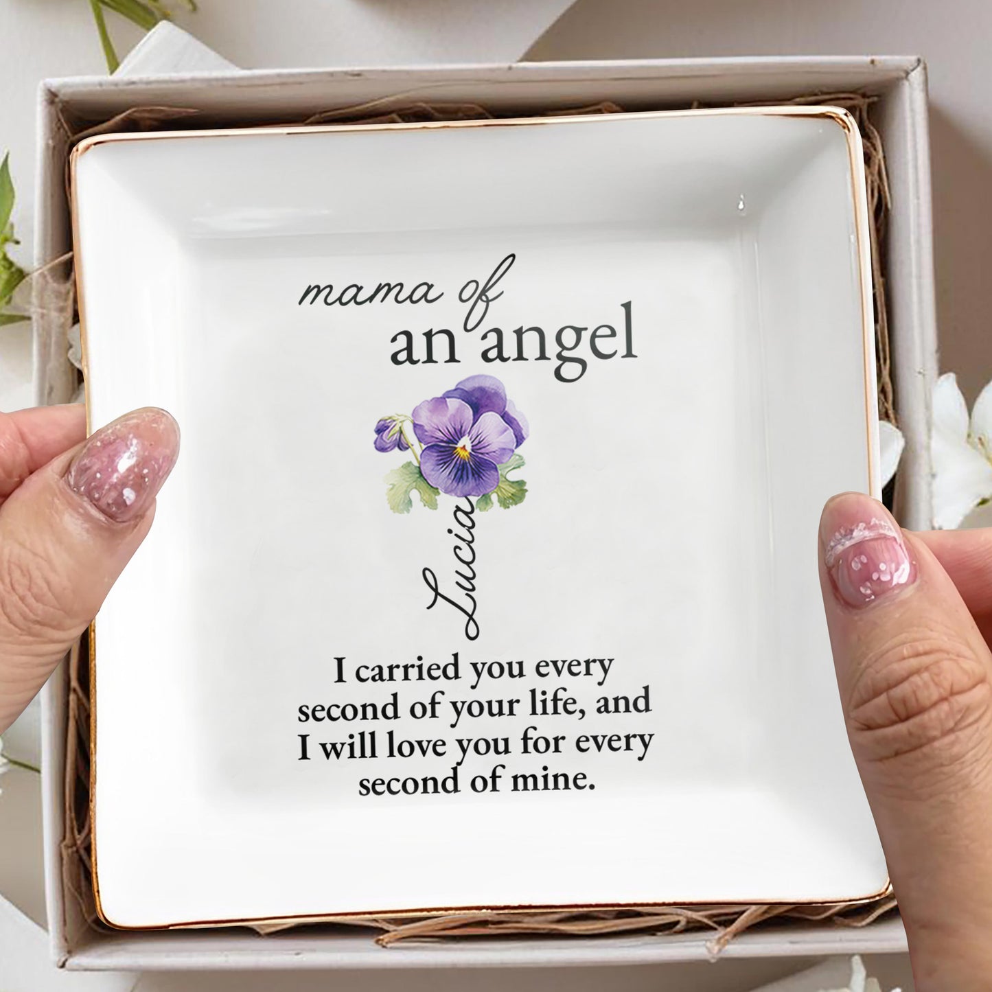 [Your Title] of An Angel, Flower Design - Personalized Custom Jewelry Dish, Square Ceramic Dish - HME154_SCRD