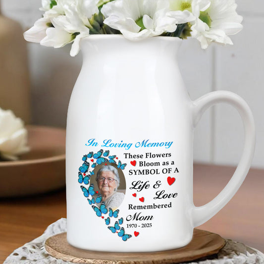 In Loving Memory These Flowers Bloom As A Symbol Of A Life & Love Remembered, Butterflies And Heart-Shaped Photo Frame