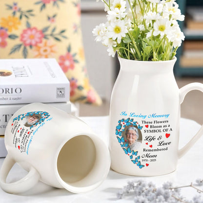 In Loving Memory These Flowers Bloom As A Symbol Of A Life & Love Remembered, Butterflies And Heart-Shaped Photo Frame