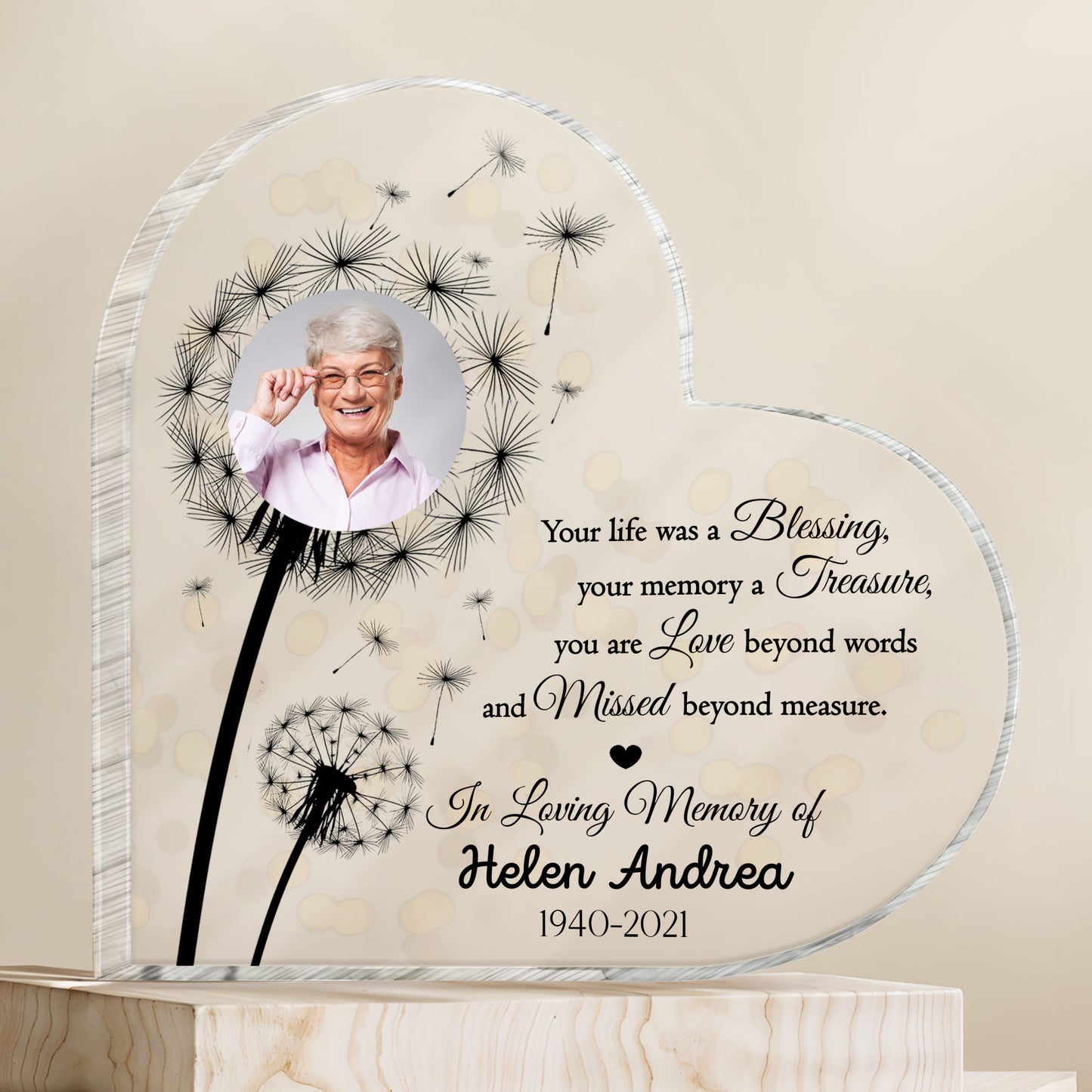Your Life Was A Blessing, Dandelions And Heart - Personalized Heart Shaped Acrylic Plaque - HME206_HAP