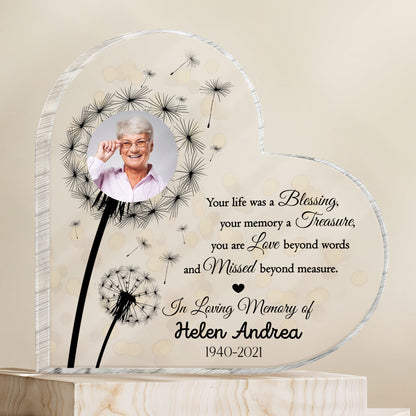 Your Life Was A Blessing, Dandelions And Heart - Personalized Heart Shaped Acrylic Plaque - HME206_HAP