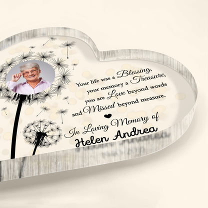 Your Life Was A Blessing, Dandelions And Heart - Personalized Heart Shaped Acrylic Plaque - HME206_HAP