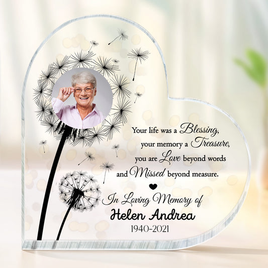 Your Life Was A Blessing, Dandelions And Heart - Personalized Heart Shaped Acrylic Plaque - HME206_HAP