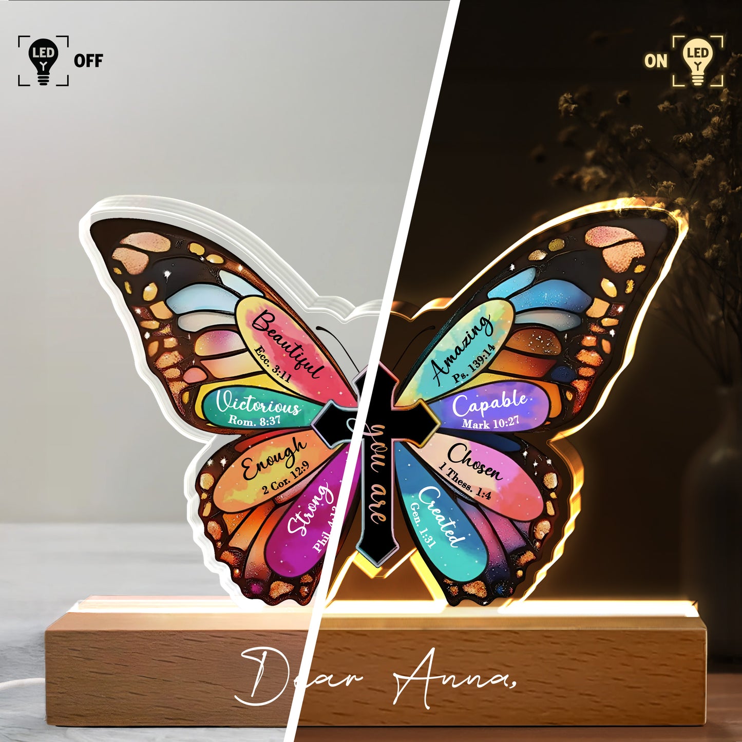 Beautiful, Victorious, Enough, Strong, Amazing, Capable, Chosen, Created, Butterfly and Cross - Personalized LED Night Light With Wooden Base - FTH057_LEWO