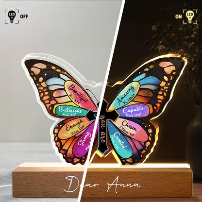Beautiful, Victorious, Enough, Strong, Amazing, Capable, Chosen, Created, Butterfly and Cross - Personalized LED Night Light With Wooden Base - FTH057_LEWO