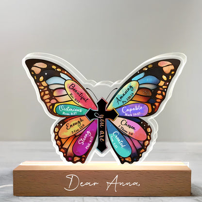 Beautiful, Victorious, Enough, Strong, Amazing, Capable, Chosen, Created, Butterfly and Cross - Personalized LED Night Light With Wooden Base - FTH057_LEWO