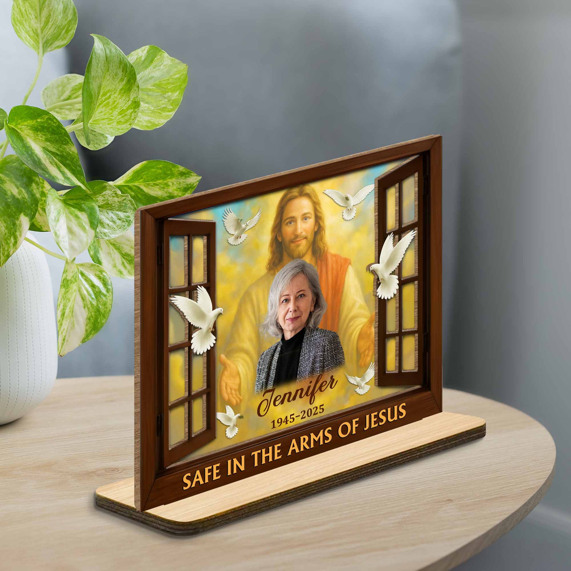 Safe In The Arms Of Jesus With Dove And Religious Figure