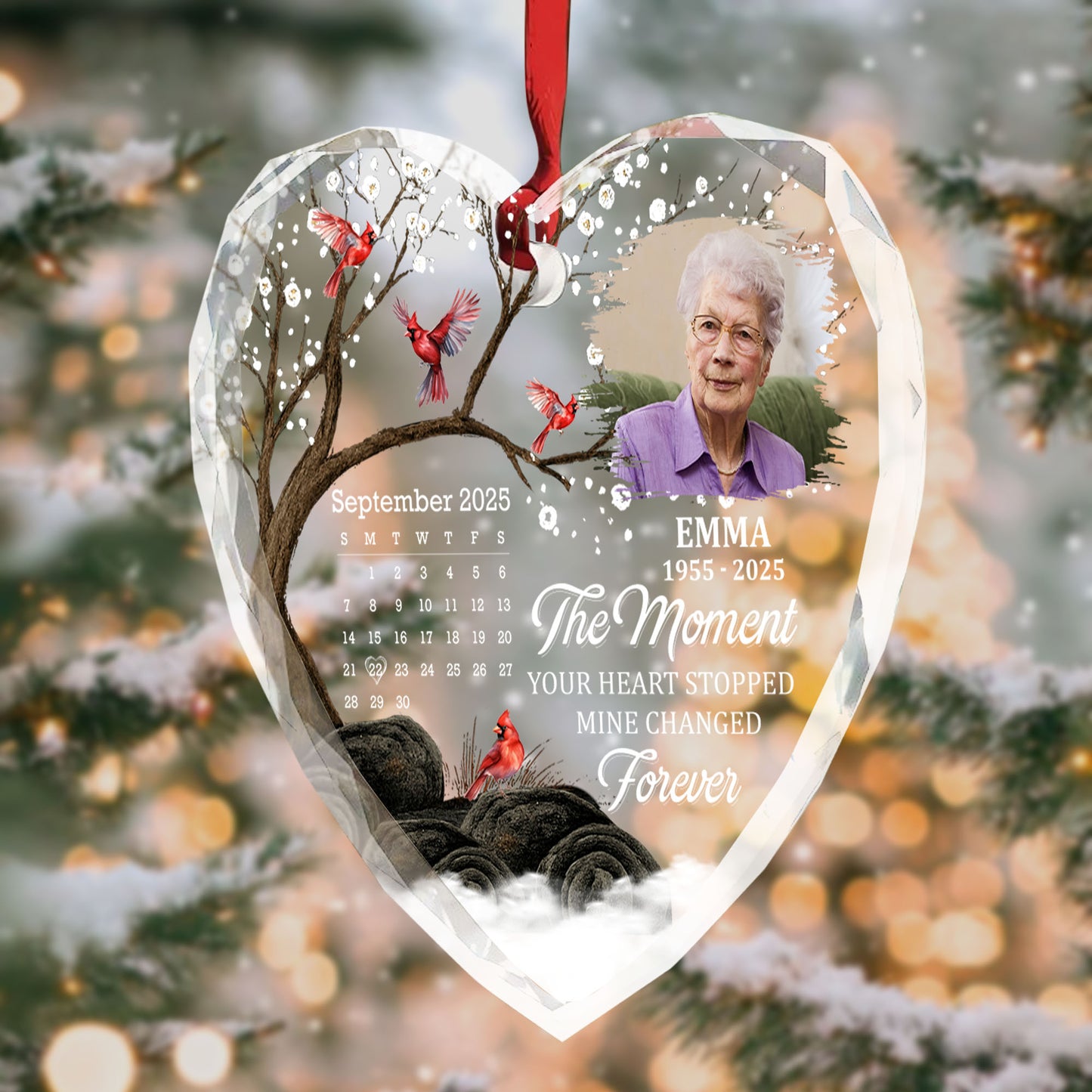 The Moment Your Heart Stopped Mine Changed Forever, Cardinals Heart Design - Personalized Heart Glass Ornament - HME265_HEGOR