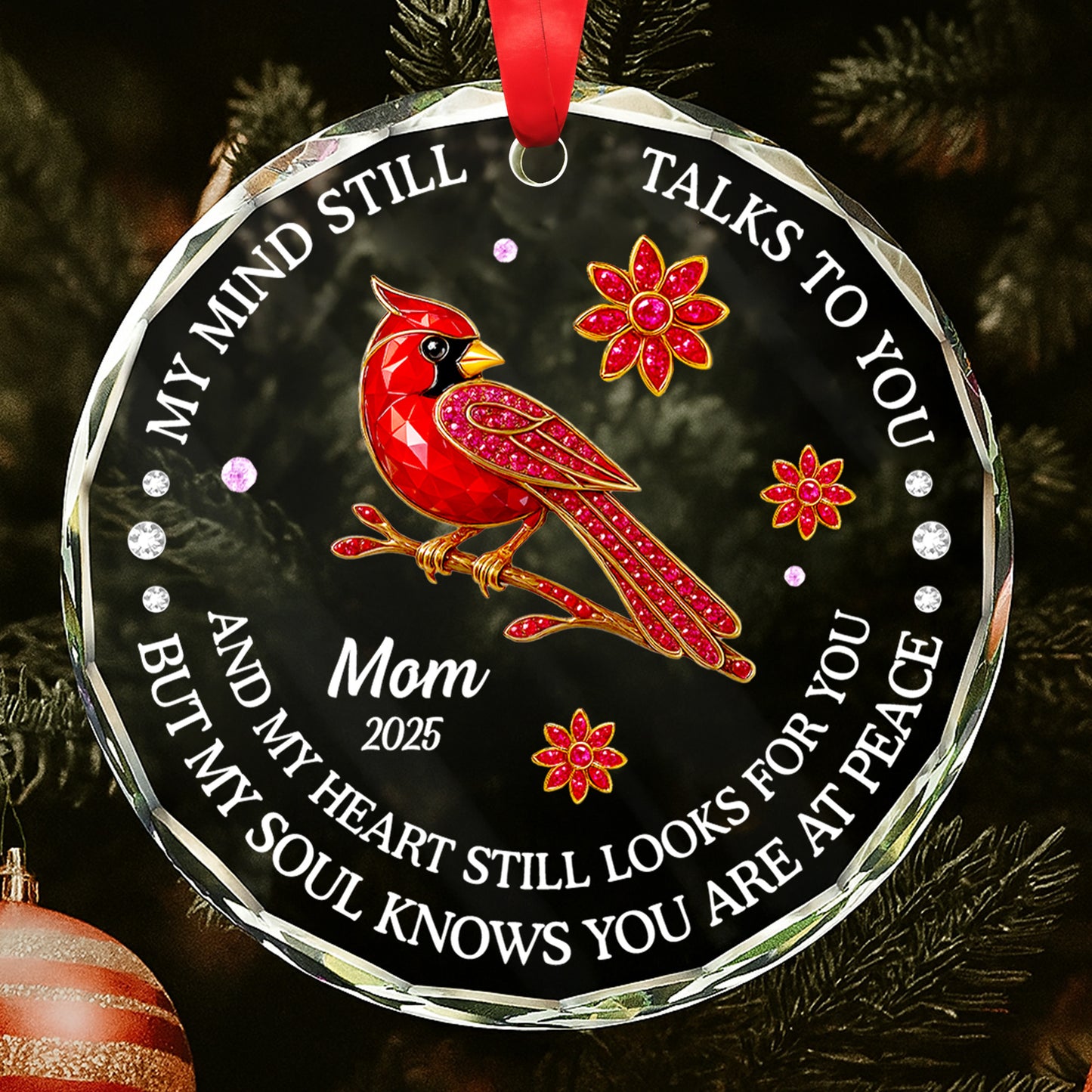 My Mind Still Talks To You, Cardinals And Flowers Design - Personalized Custom Circle Glass Ornament - HME268_CGOR