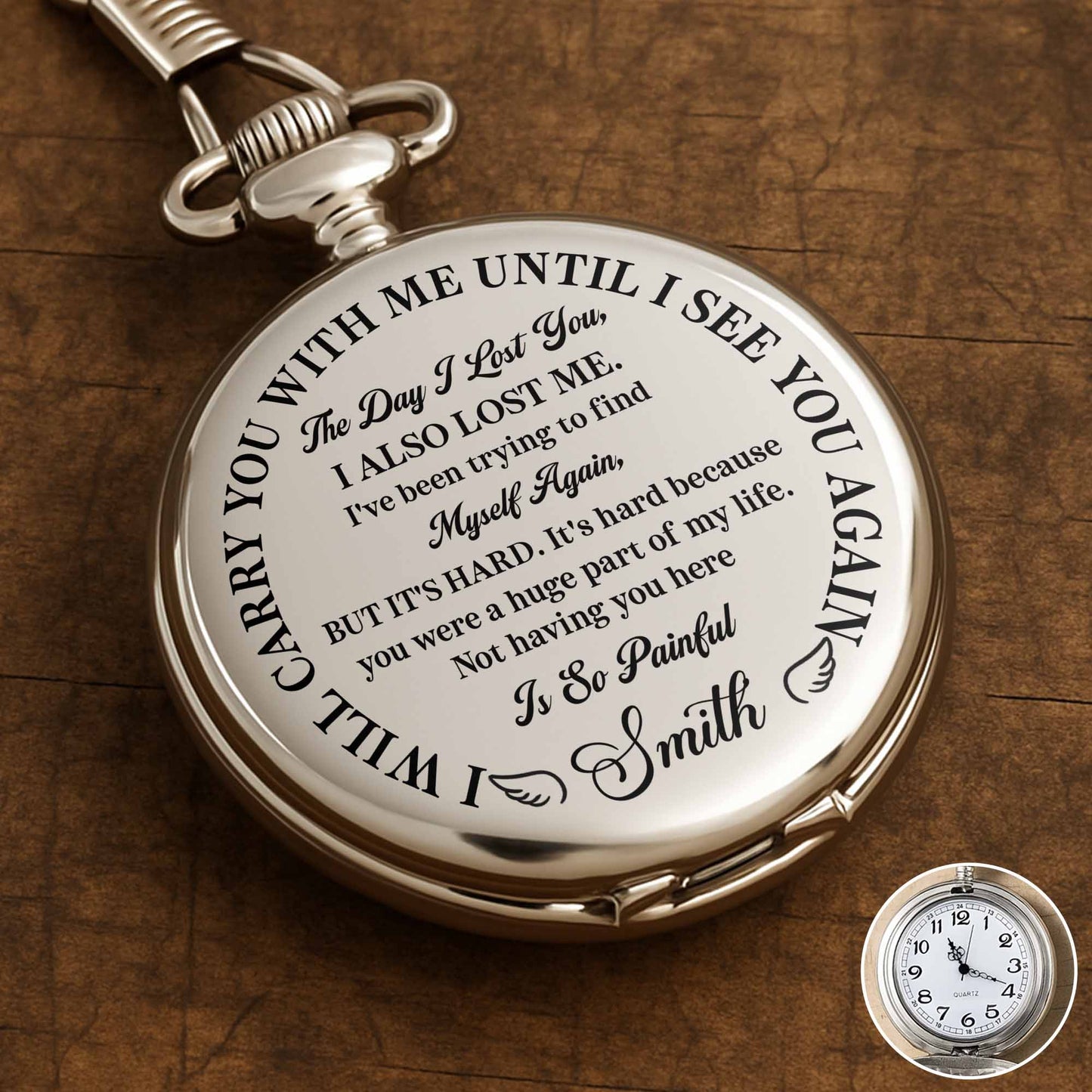 Carry You With Me Until I See You Again, Featuring Feathers - Personalized Silver Plated Pocket Watch - HME273_SWATCH