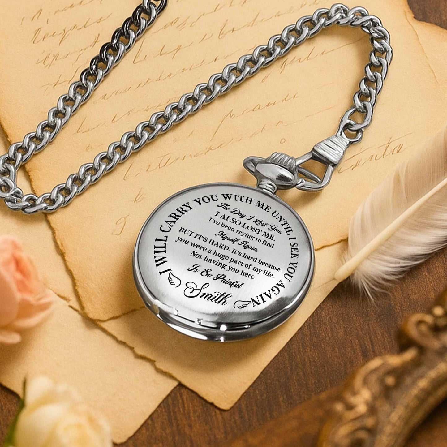 Carry You With Me Until I See You Again, Featuring Feathers - Personalized Silver Plated Pocket Watch - HME273_SWATCH