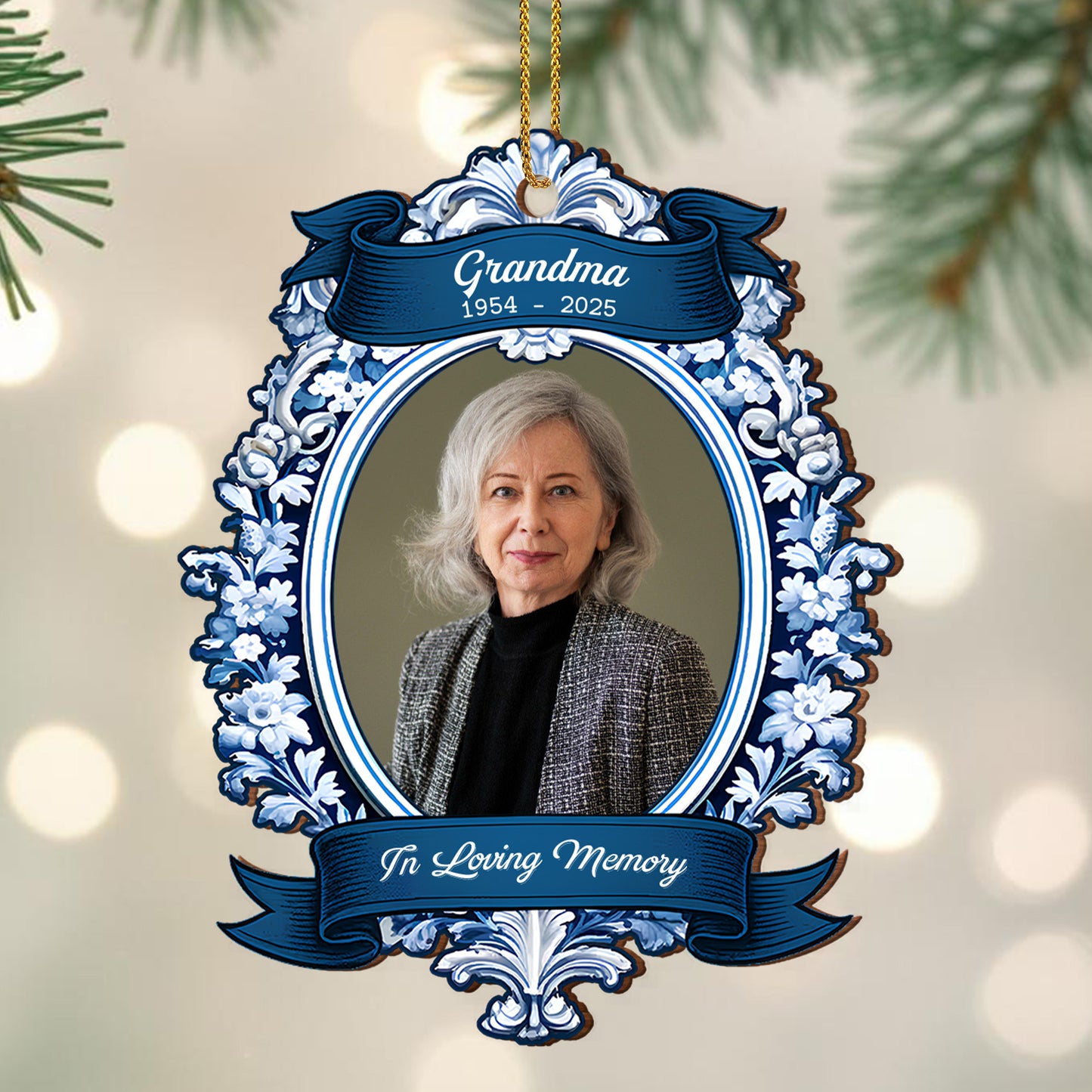 In Loving Memory Floral Ribbon Design - Personalized Custom Wood Ornament, Custom Shaped - HME300_WDO