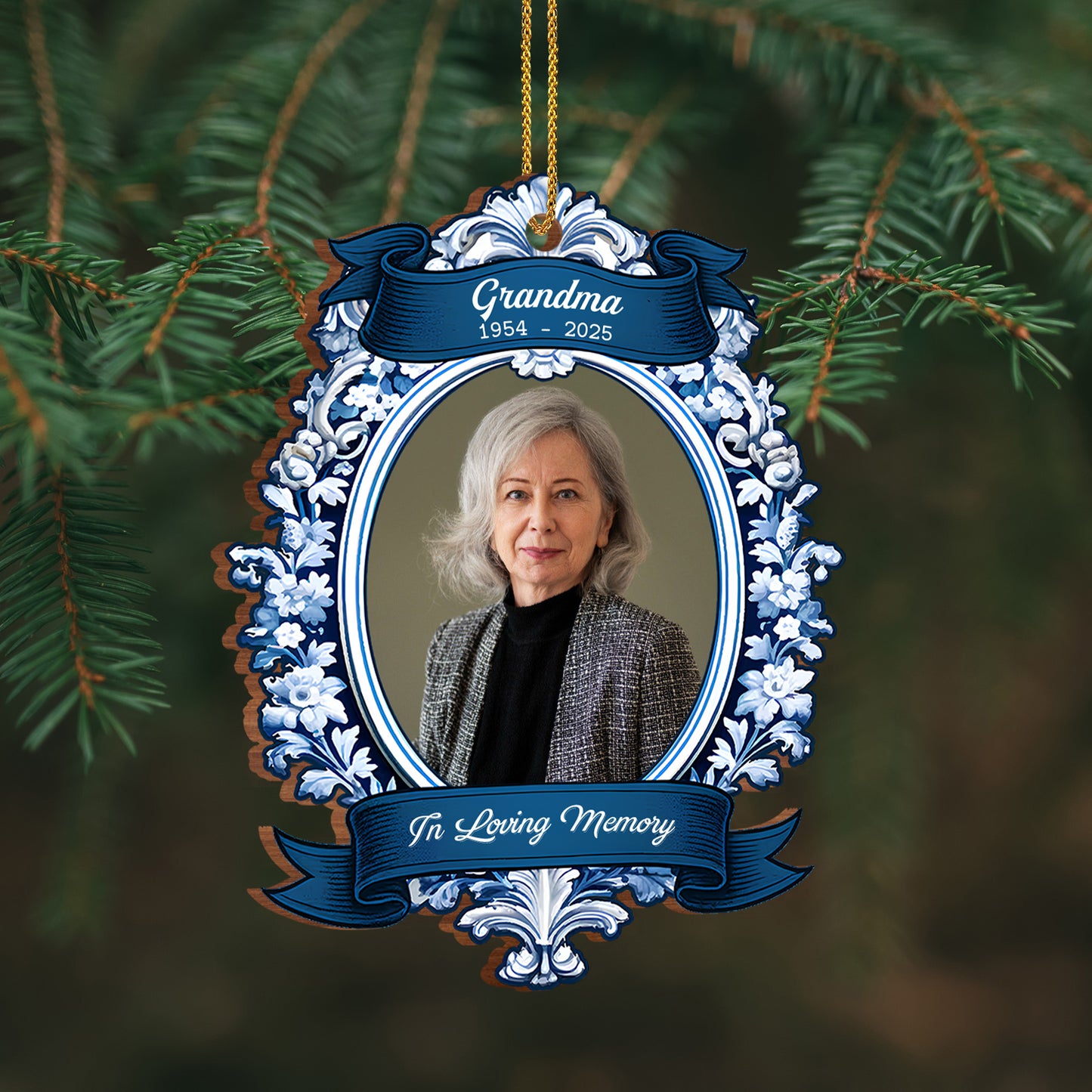 In Loving Memory Floral Ribbon Design - Personalized Custom Wood Ornament, Custom Shaped - HME300_WDO