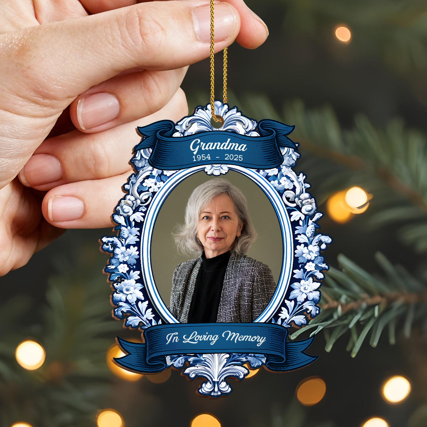 In Loving Memory Floral Ribbon Design - Personalized Custom Wood Ornament, Custom Shaped - HME300_WDO