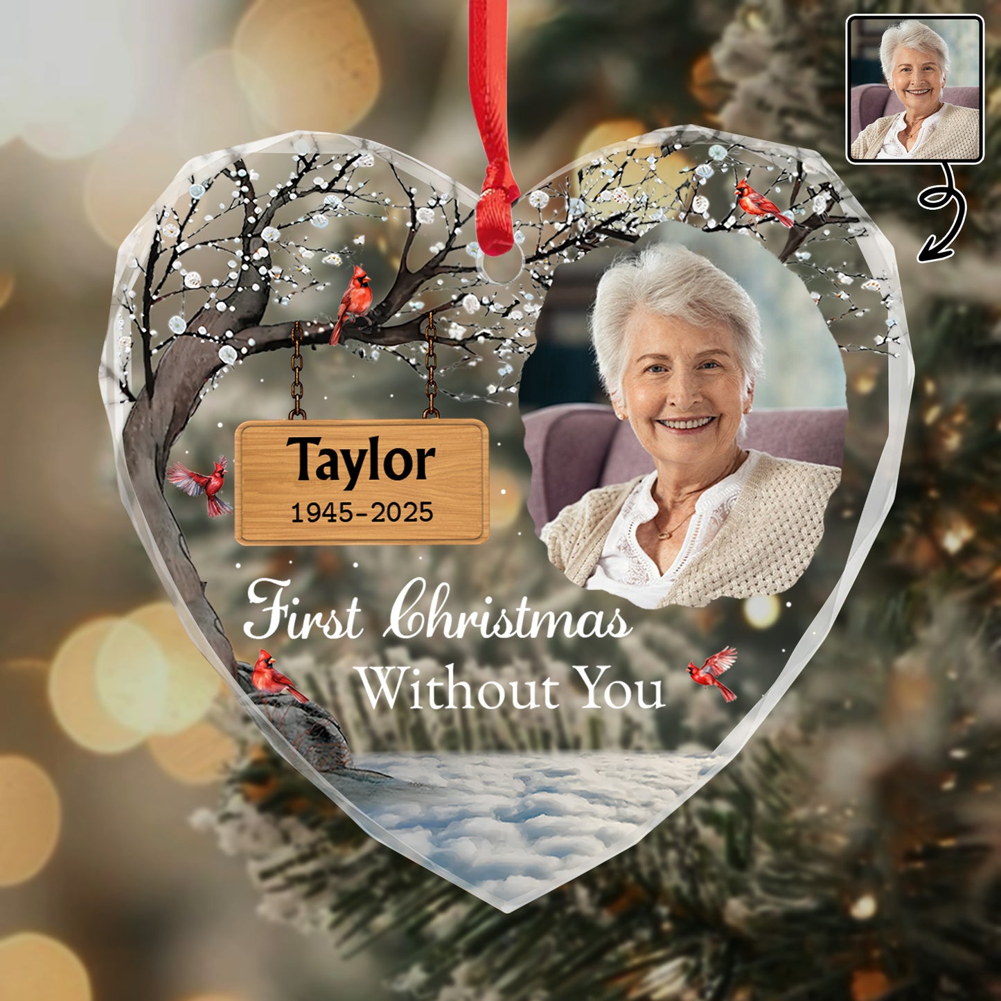 First Christmas Without You, Heart Ornament With Cardinals - Personalized Heart Glass Ornament - HME318_HEGOR