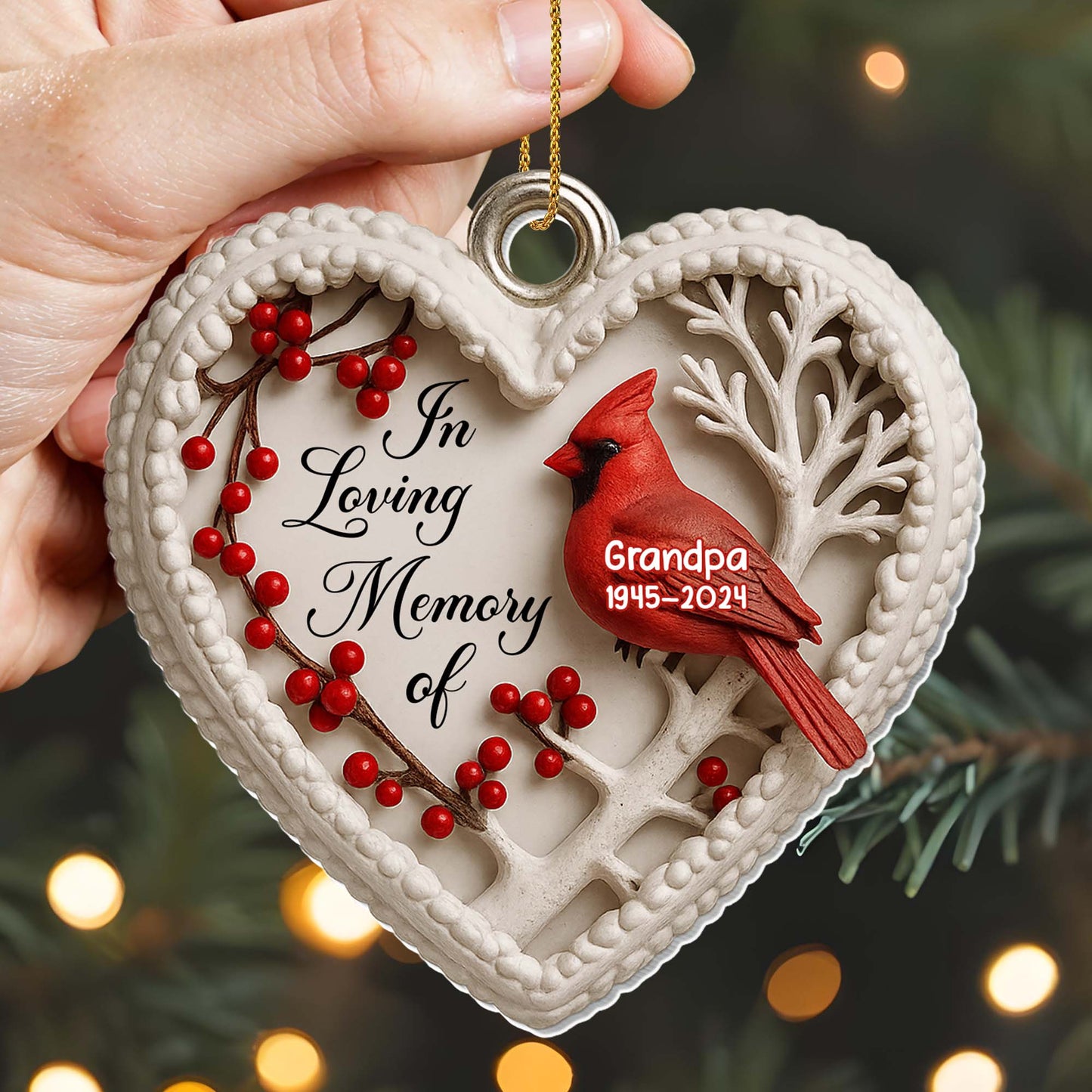 In Loving Memory Of Cardinal And Berries Heart Ornament
