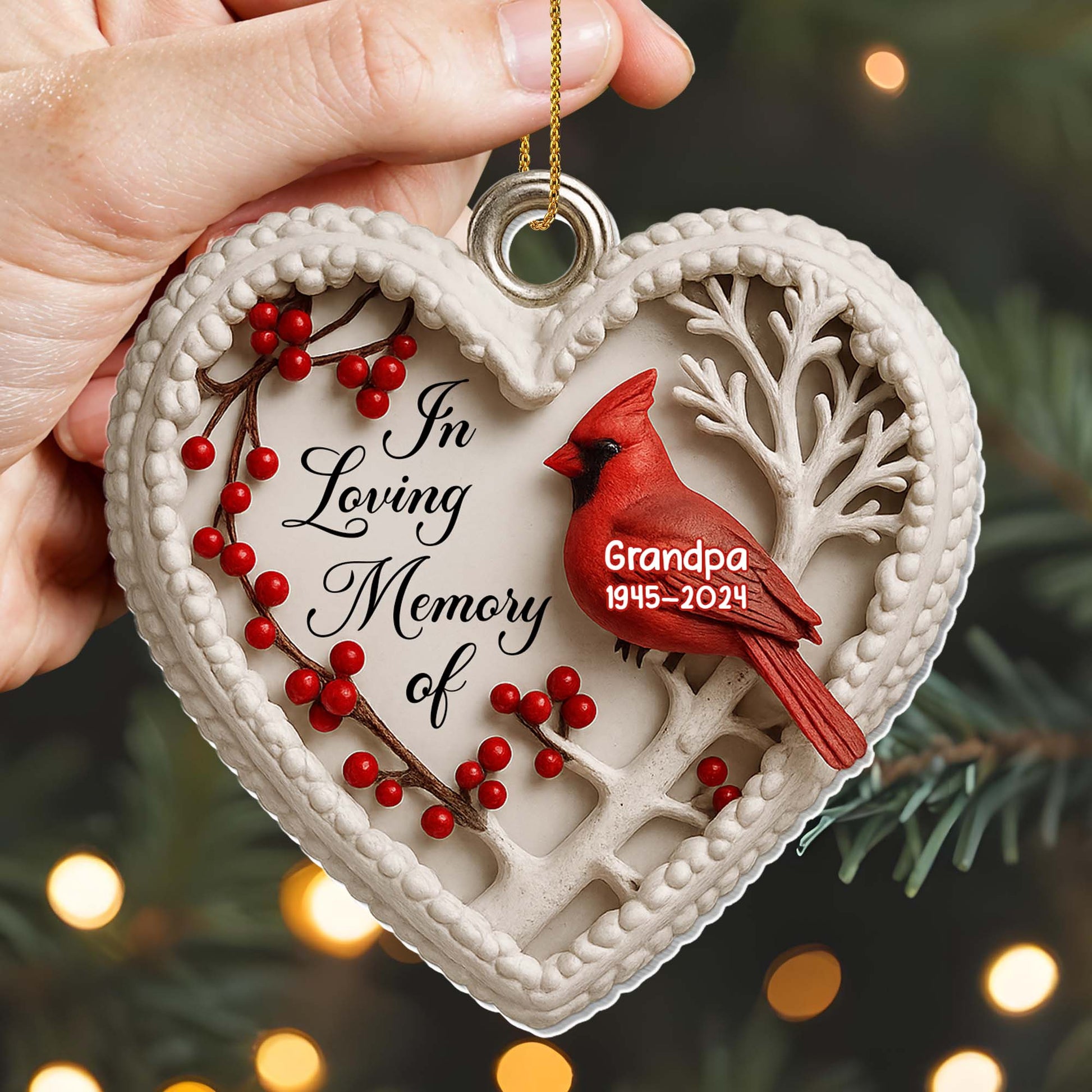 In Loving Memory Of Cardinal And Berries Heart Ornament
