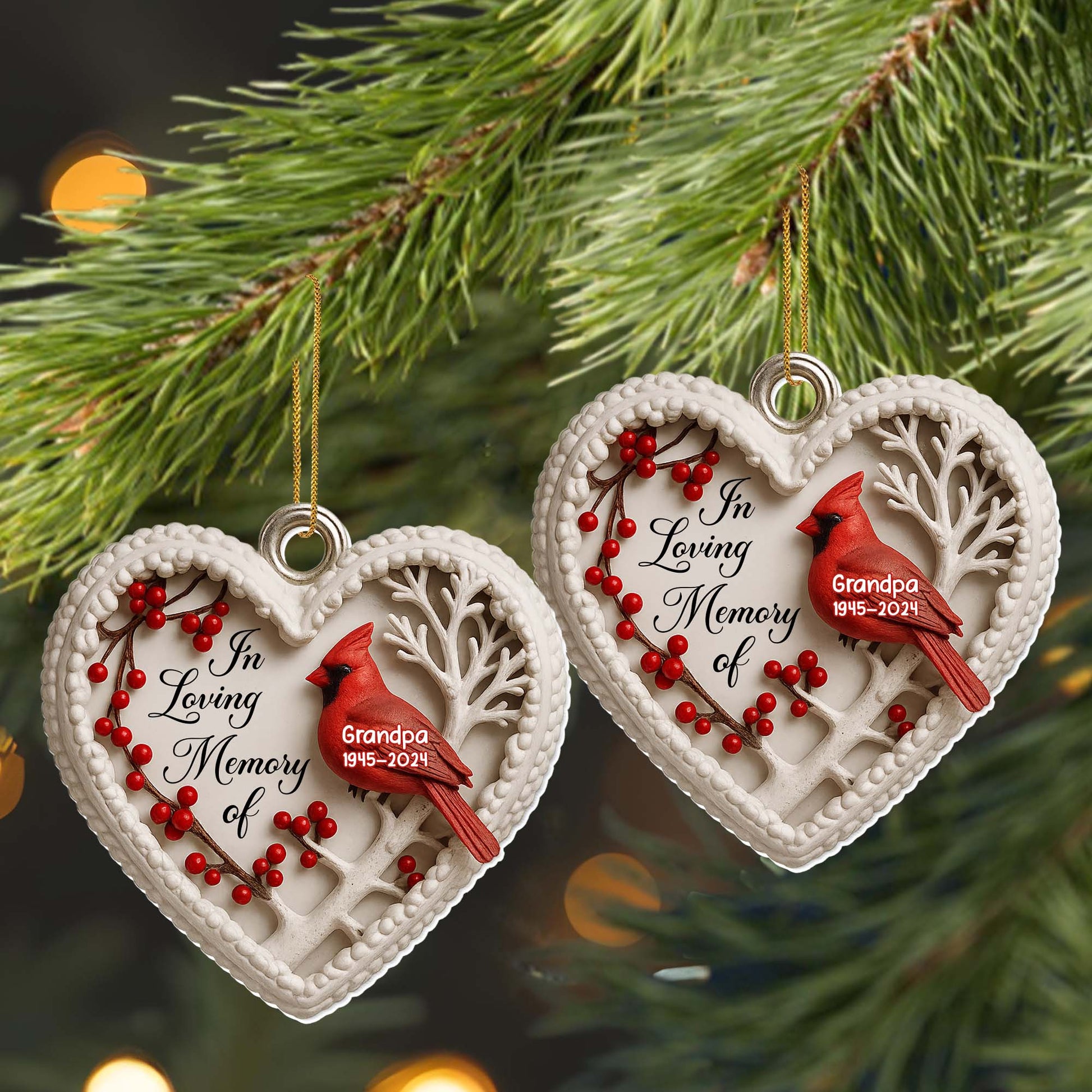 In Loving Memory Of Cardinal And Berries Heart Ornament