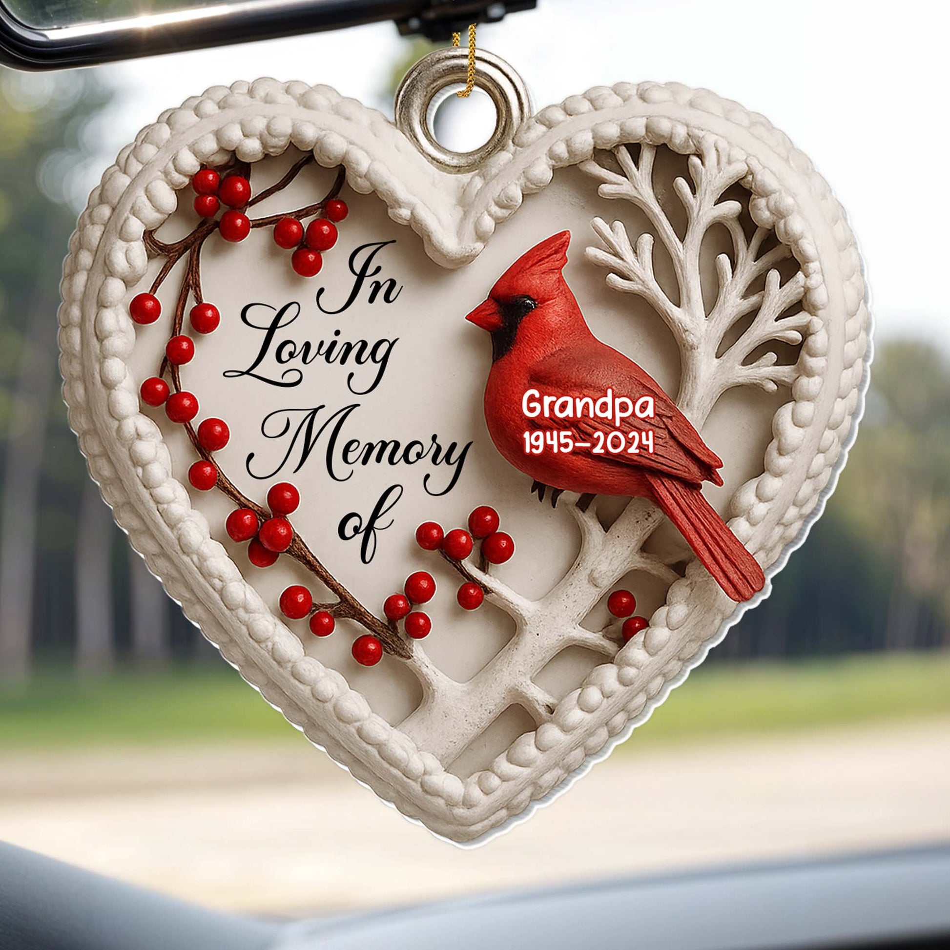In Loving Memory Of Cardinal And Berries Heart Ornament