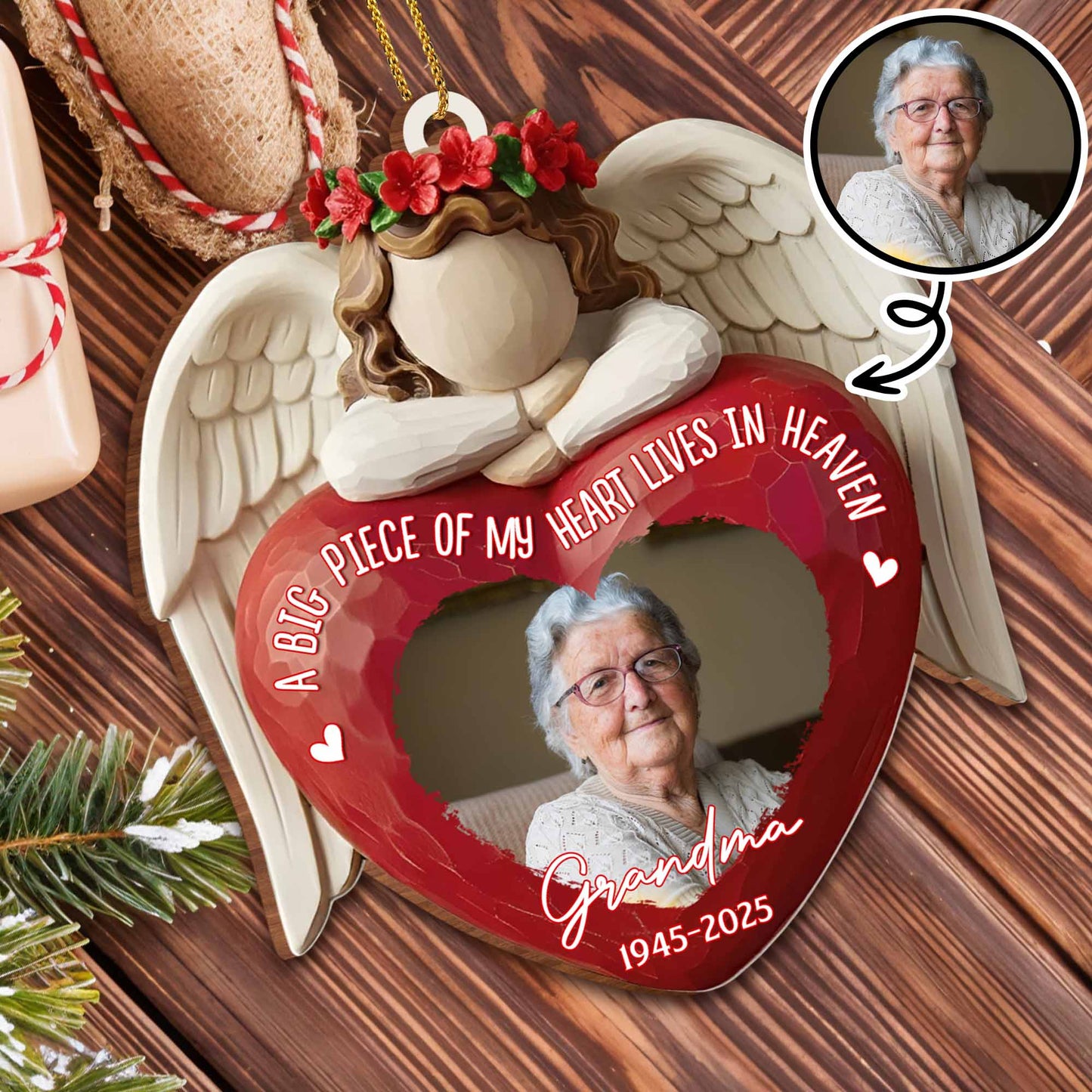 A Big Piece Of My Heart Lives In Heaven Angel Heart Ornament - Personalized Custom Wood Ornament, Custom Shaped - HME435_WDO