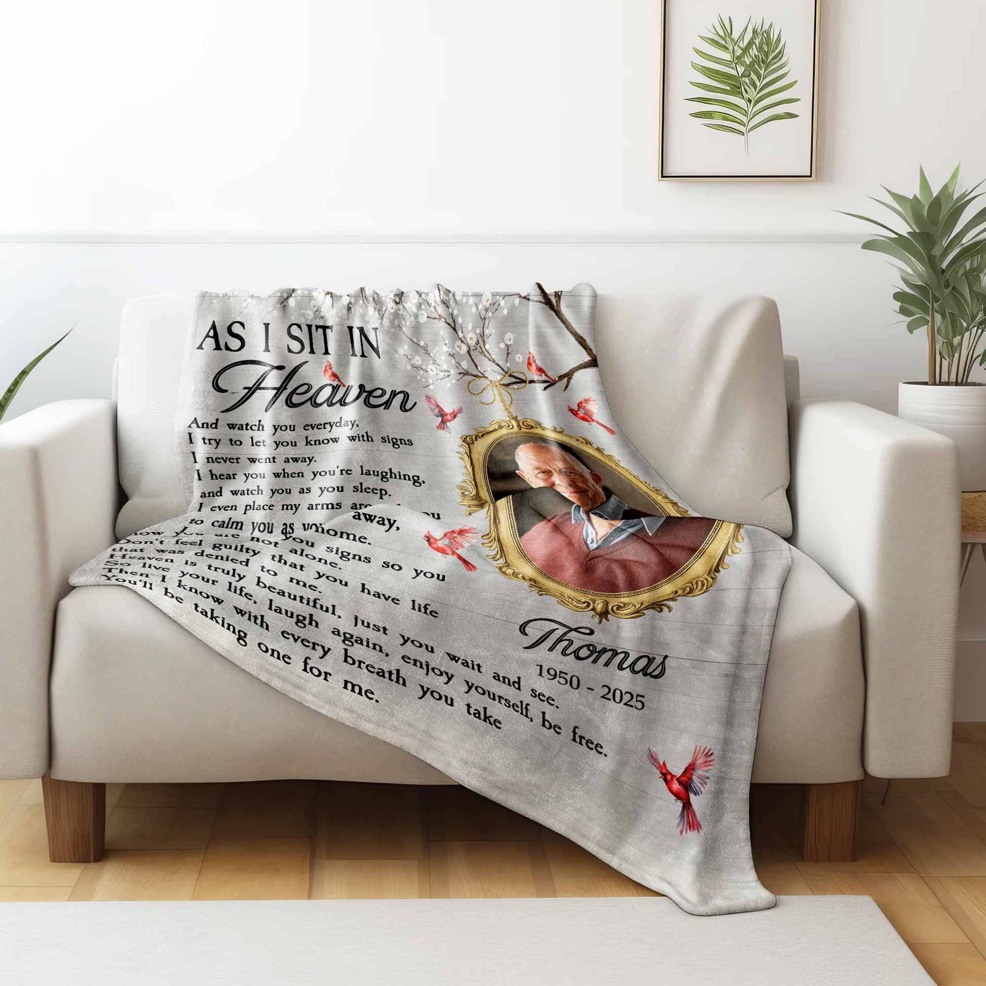 As I Sit In Heaven Memorial Blanket With Birds And Frame