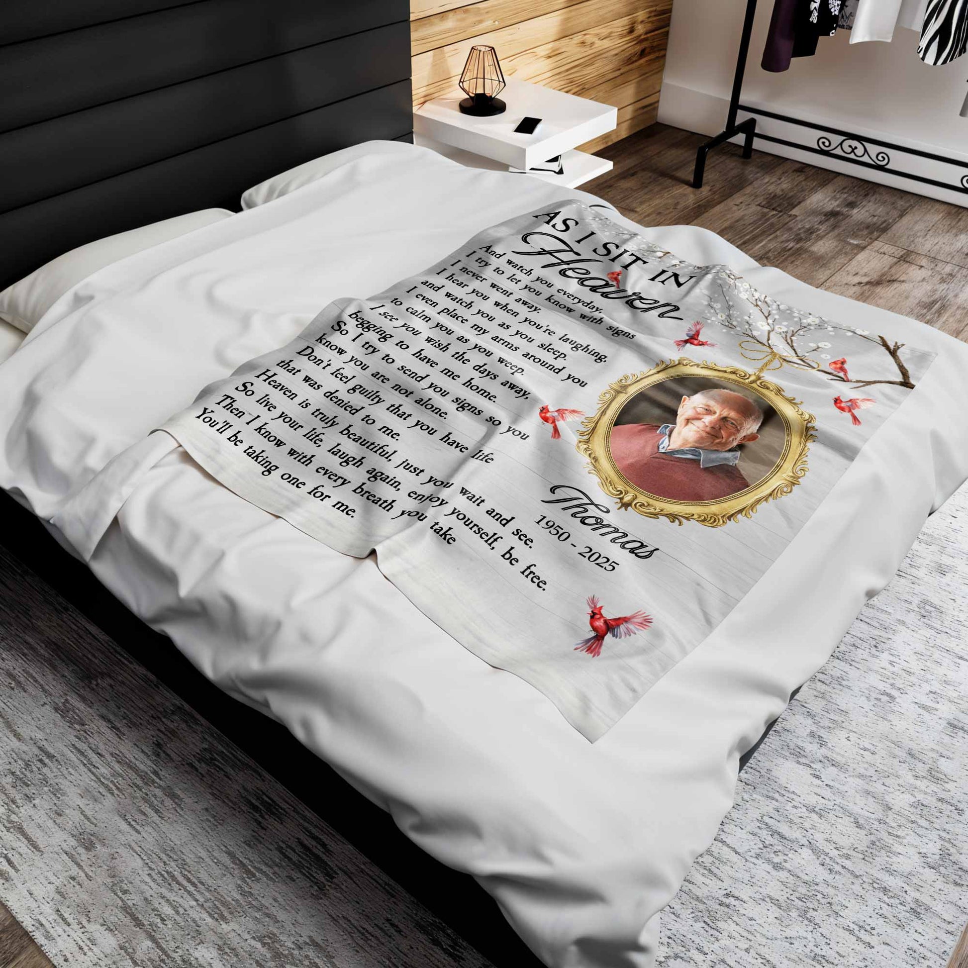 As I Sit In Heaven Memorial Blanket With Birds And Frame