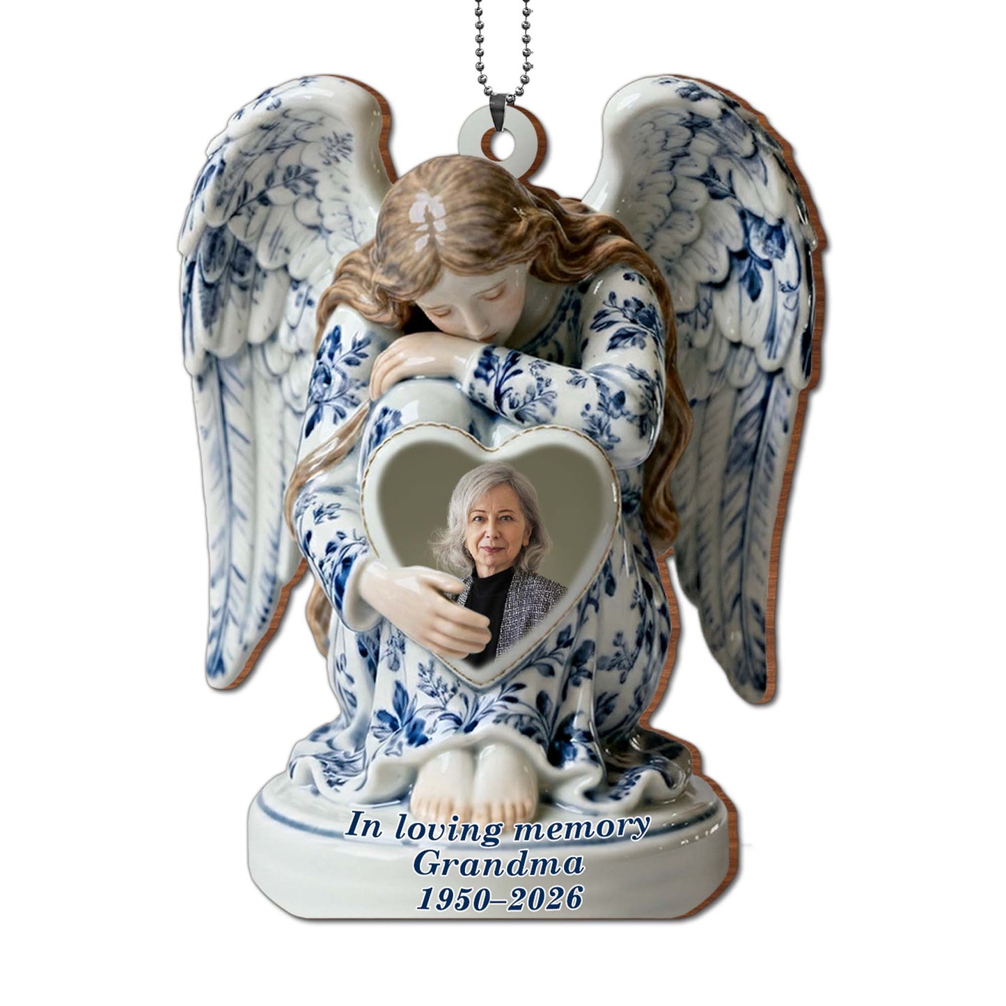 In Loving Memory Grandma Angel And Heart Ornament - Personalized Custom Wood Ornament, Car Hanging Ornament - HME513_WCA