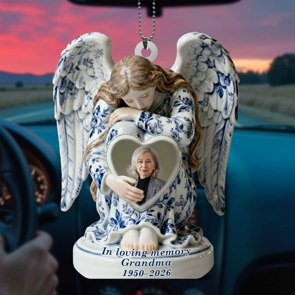 In Loving Memory Grandma Angel And Heart Ornament - Personalized Custom Wood Ornament, Car Hanging Ornament - HME513_WCA