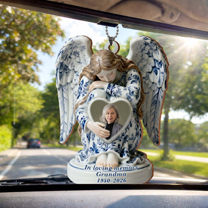 In Loving Memory Grandma Angel And Heart Ornament - Personalized Custom Wood Ornament, Car Hanging Ornament - HME513_WCA