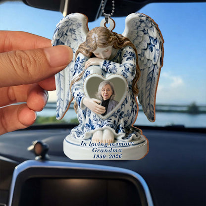 In Loving Memory Grandma Angel And Heart Ornament - Personalized Custom Wood Ornament, Car Hanging Ornament - HME513_WCA