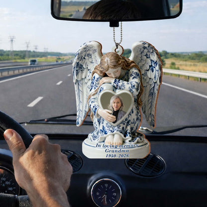 In Loving Memory Grandma Angel And Heart Ornament - Personalized Custom Wood Ornament, Car Hanging Ornament - HME513_WCA