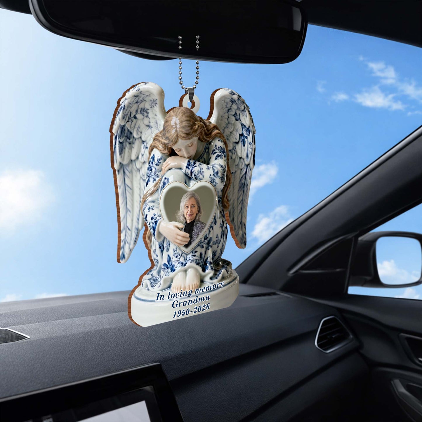 In Loving Memory Grandma Angel And Heart Ornament - Personalized Custom Wood Ornament, Car Hanging Ornament - HME513_WCA