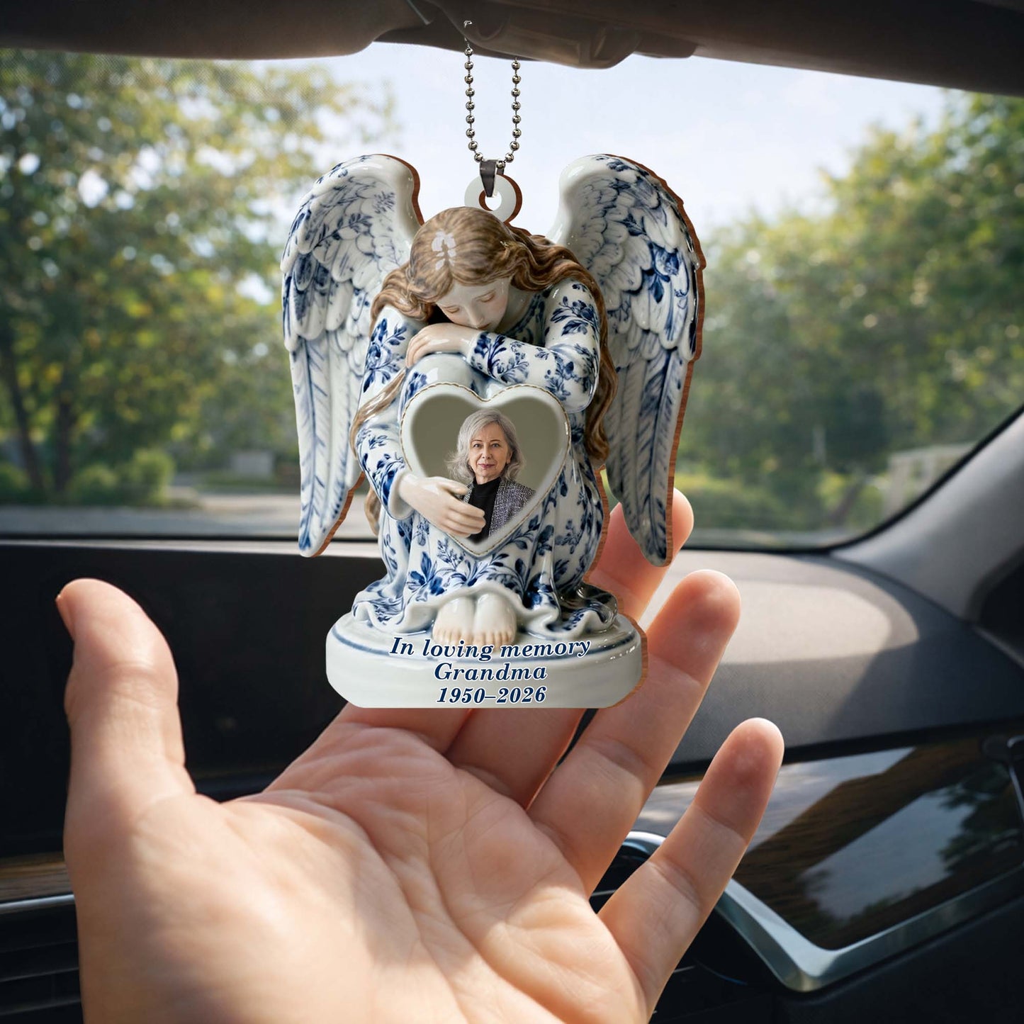 In Loving Memory Grandma Angel And Heart Ornament - Personalized Custom Wood Ornament, Car Hanging Ornament - HME513_WCA