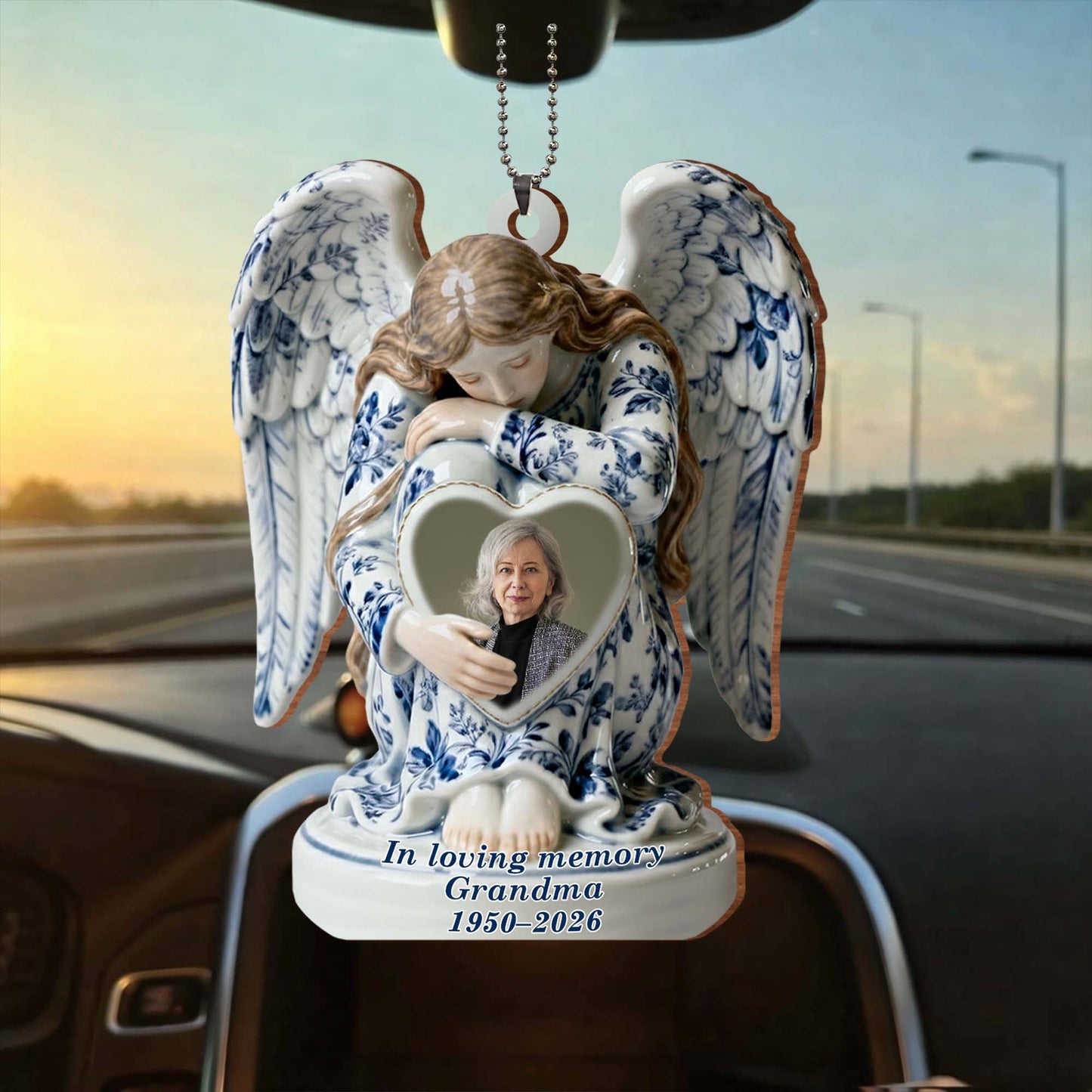 In Loving Memory Grandma Angel And Heart Ornament - Personalized Custom Wood Ornament, Car Hanging Ornament - HME513_WCA