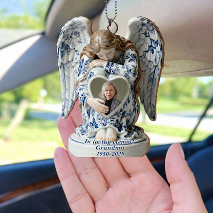 In Loving Memory Grandma Angel And Heart Ornament - Personalized Custom Wood Ornament, Car Hanging Ornament - HME513_WCA