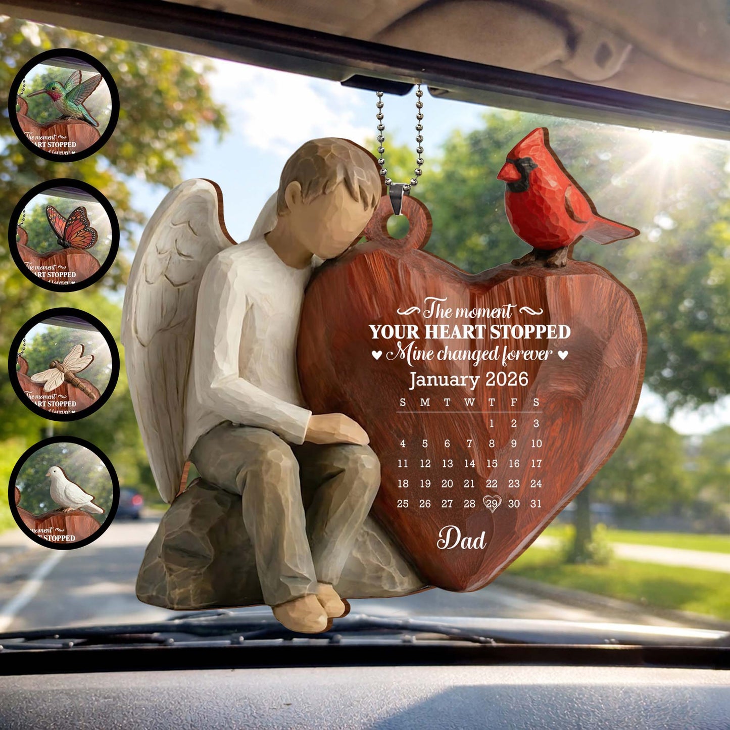 The Moment Your Heart Stopped, Angel And Cardinal Heart Calendar - Personalized Custom Wood Ornament, Car Hanging Ornament - HME532_WCA
