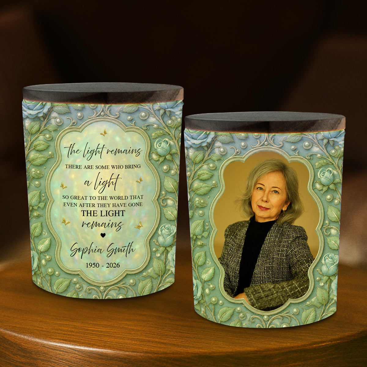 The Light Remains Memorial Custom Photo Blue Roses And Butterflies - Personalized Custom Glass Jar With LED - HME610_LEJAR
