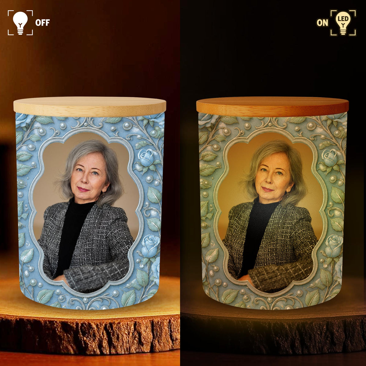The Light Remains Memorial Custom Photo Blue Roses And Butterflies - Personalized Custom Glass Jar With LED - HME610_LEJAR