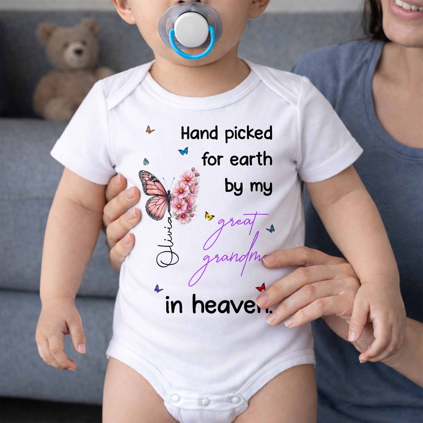 Hand Picked For Earth By My Great Grandma Flowers Butterflies - Personalized Custom Baby Onesie - HME620_ONES