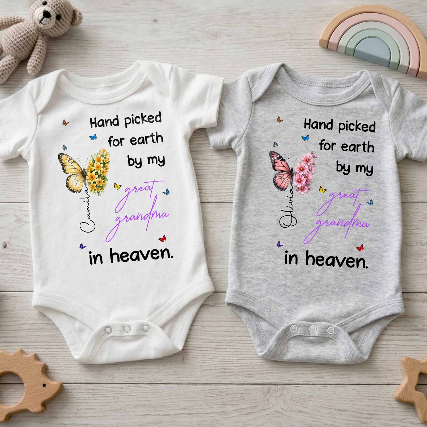Hand Picked For Earth By My Great Grandma Flowers Butterflies - Personalized Custom Baby Onesie - HME620_ONES