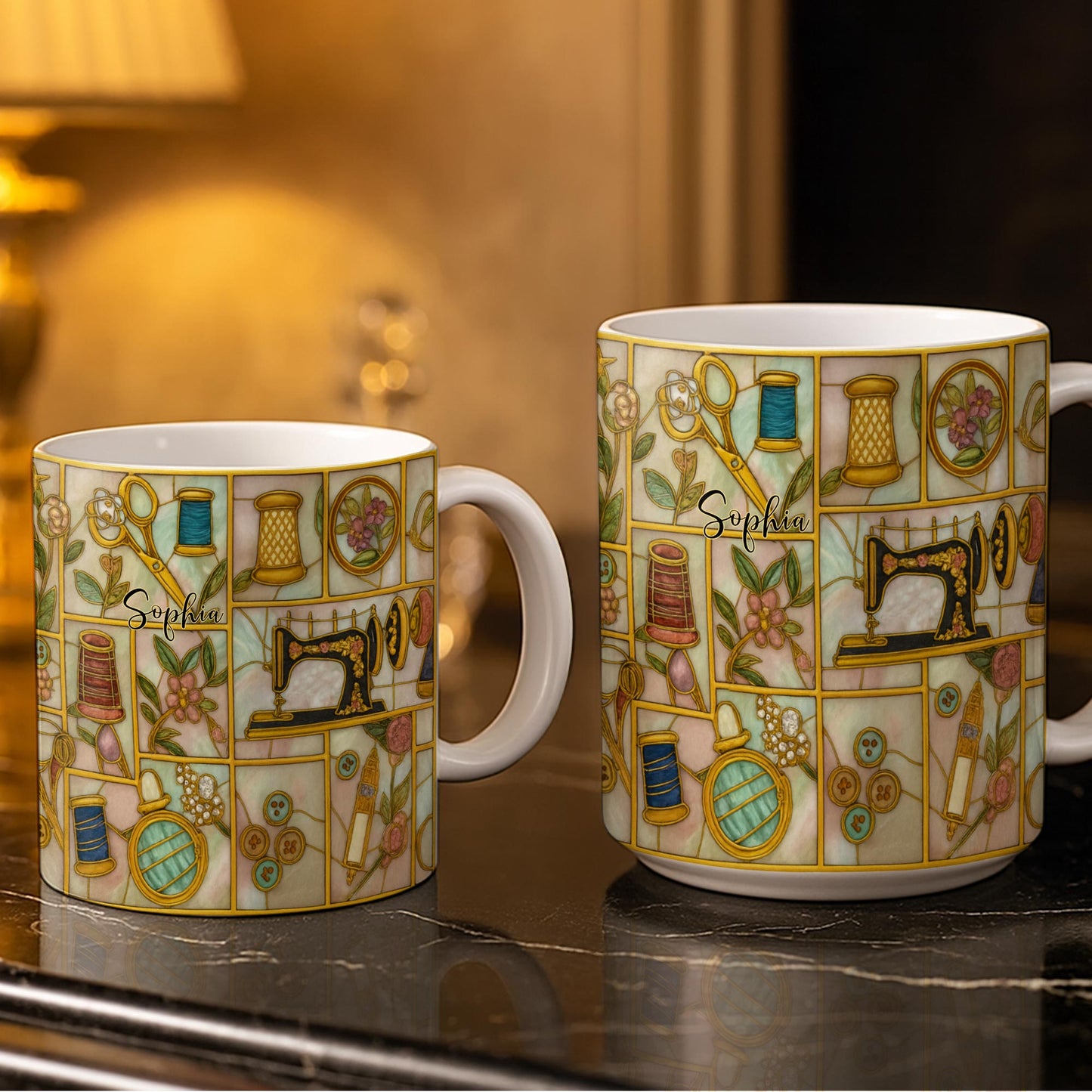 Craft Themed Personalized Mug Featuring Sewing Machine And Flowers