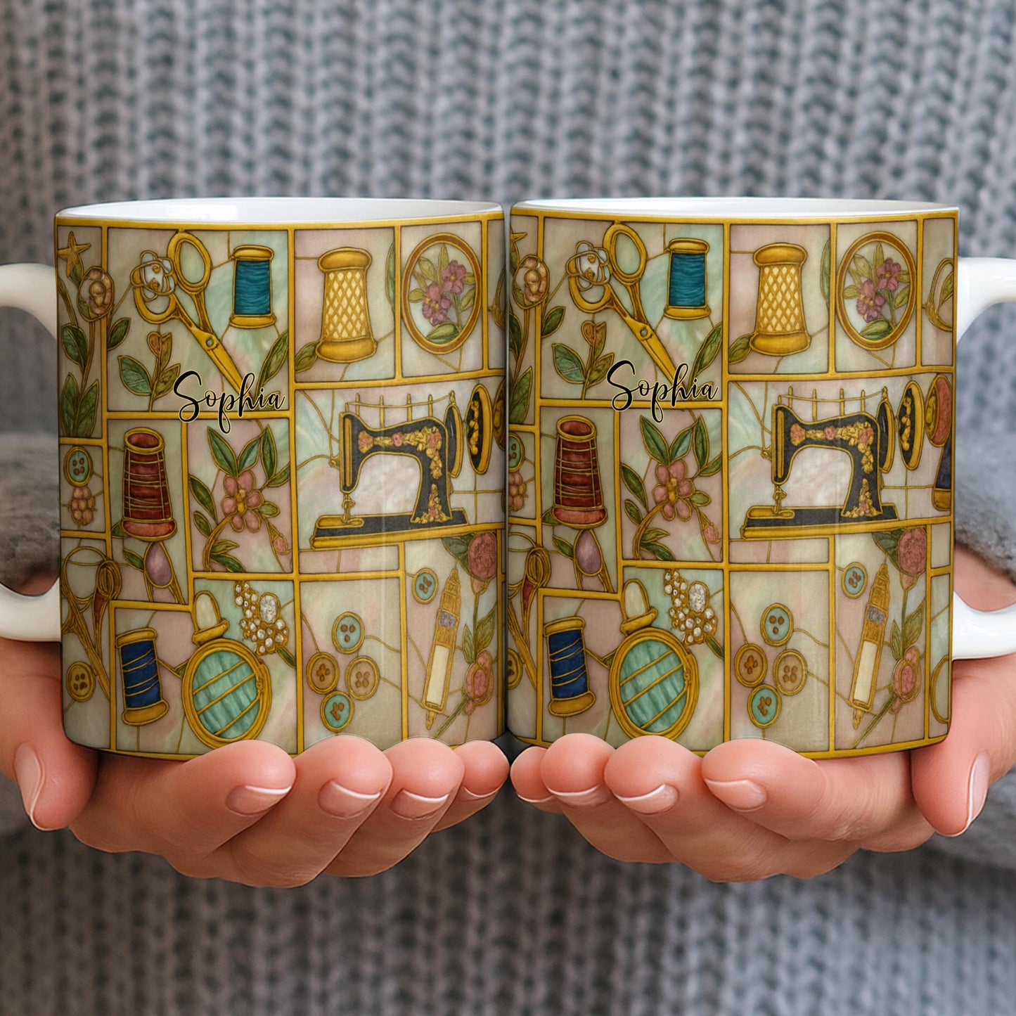 Craft Themed Personalized Mug Featuring Sewing Machine And Flowers